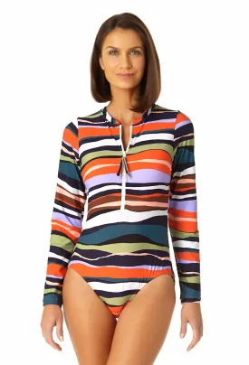 Anne Cole - Women's Long Sleeve Front Zip Rash Guard Swimsuit