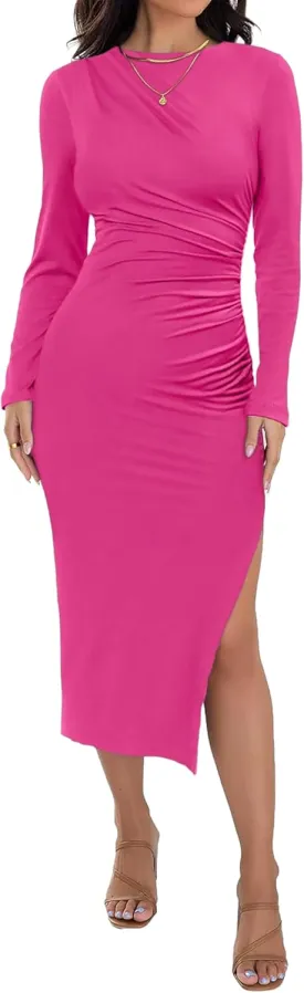 Annebouti Women's Winter Spring Long Sleeve Wedding Guest Dress Ruched Side Slit Bodycon Cocktail Party Midi Dress