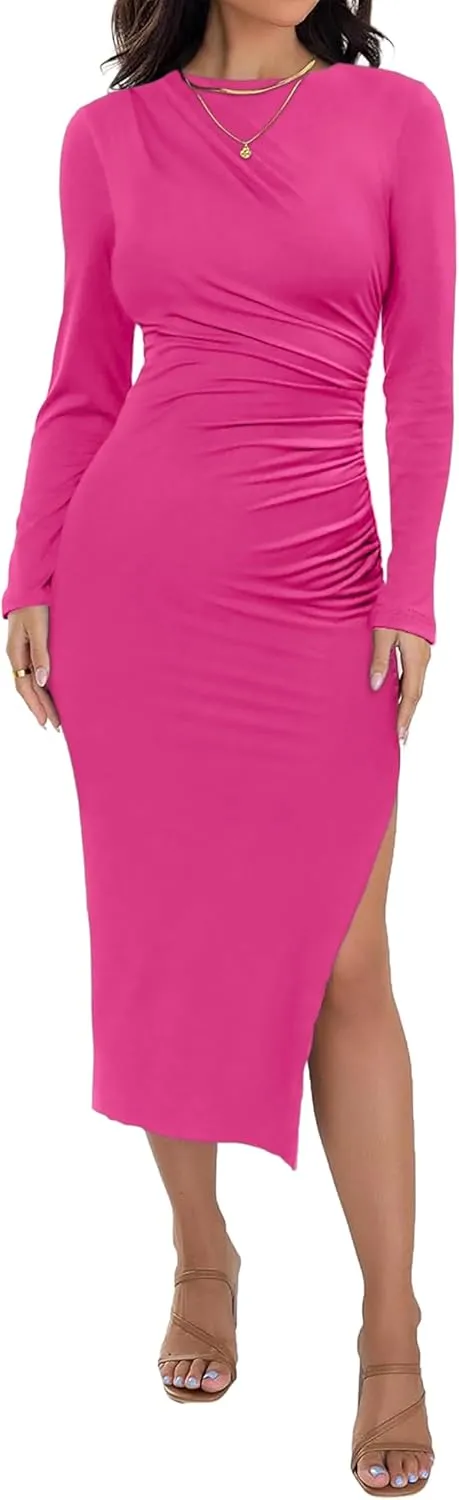 Annebouti Women's Winter Spring Long Sleeve Wedding Guest Dress Ruched Side Slit Bodycon Cocktail Party Midi Dress