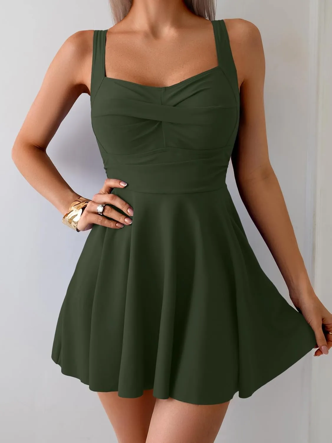 B2prity One Piece Swimdress Swimsuit for Women Tummy Control Wrap Swim Dress Modest Ruched Skirt Bathing Suit