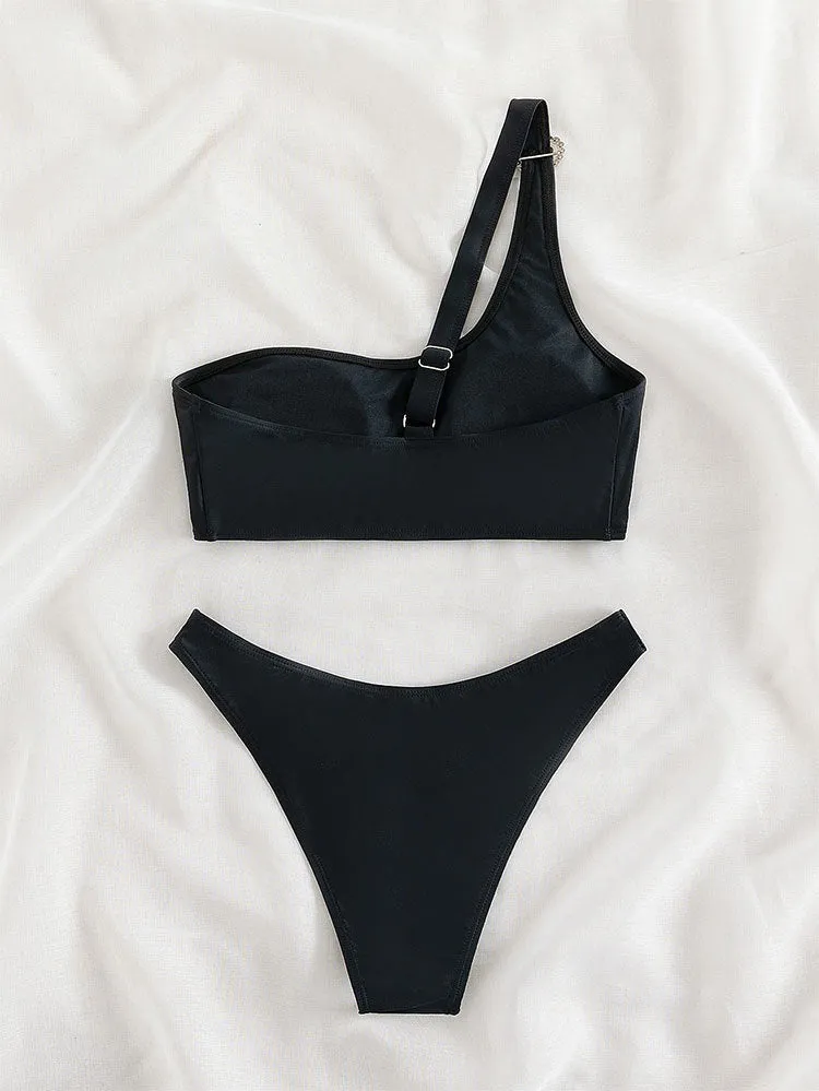 Black One-shoulder Split Bikini