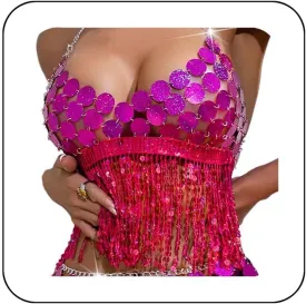 BODIY Sequin Body Chain Tops Pink Fringe Chain Cami Bra Sparkly Club Halter Crop Top for Women