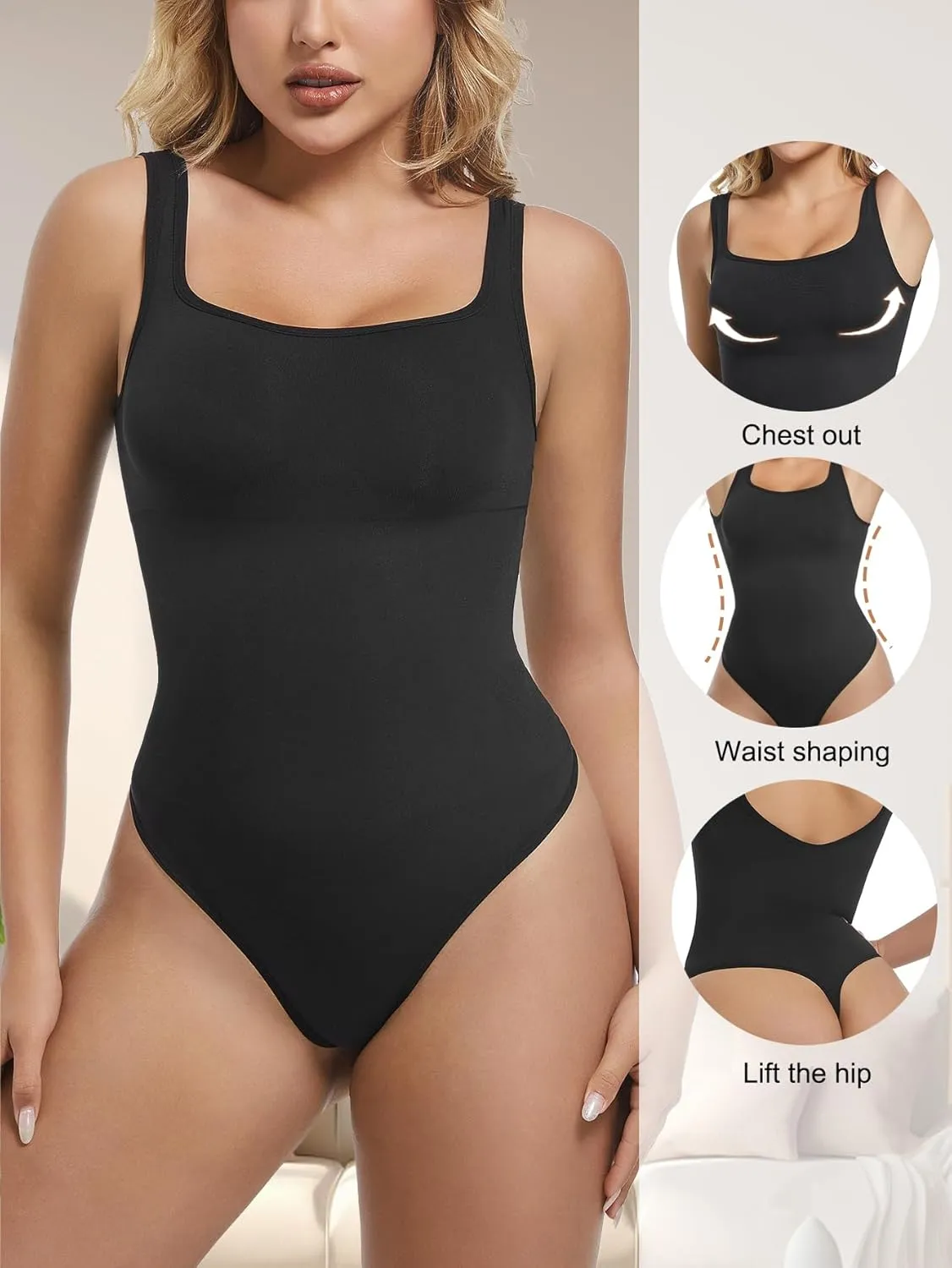 Bodysuits for Women Tummy Control Shapewear Sexy Thong Square Neck Ribbed Knit Tank Top Bodysuit