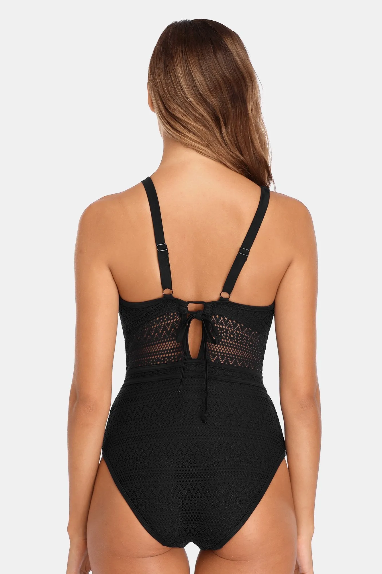 Charmo Black V-Neck Crochet Hollow Out One Piece Bathing Swimsuit