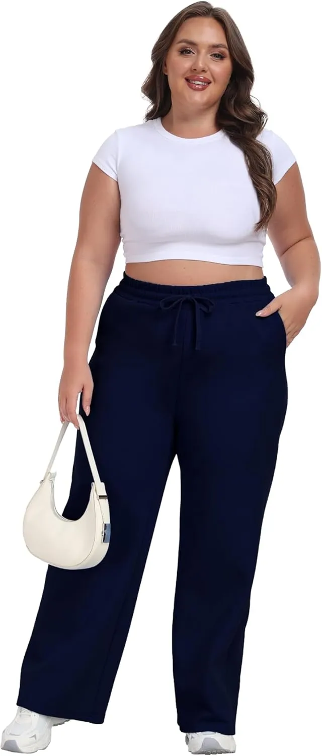 Cheapestbuy Women's Plus Size Wide Leg Sweatpants Stretchy Baggy Sweat Pants Loose Active Pants with Pockets