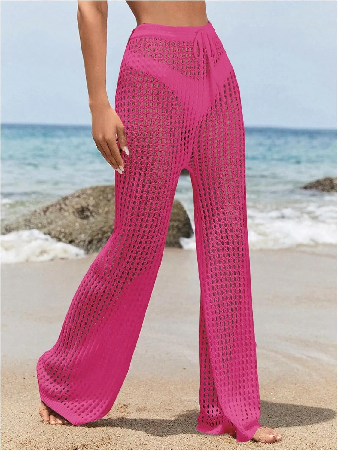 COZYEASE Women's Beach Cover Up Pants Hollow Out Drawstring Elastic High Waist Bathing Suit Cover Up Beach Pants