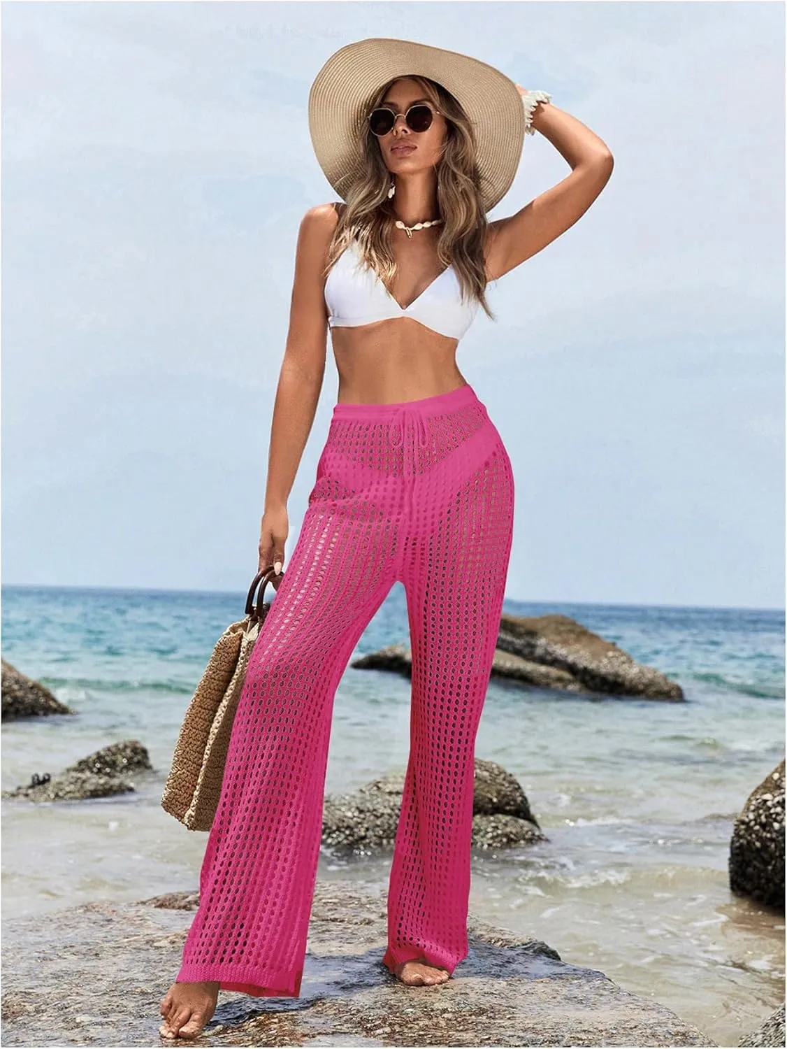 COZYEASE Women's Beach Cover Up Pants Hollow Out Drawstring Elastic High Waist Bathing Suit Cover Up Beach Pants