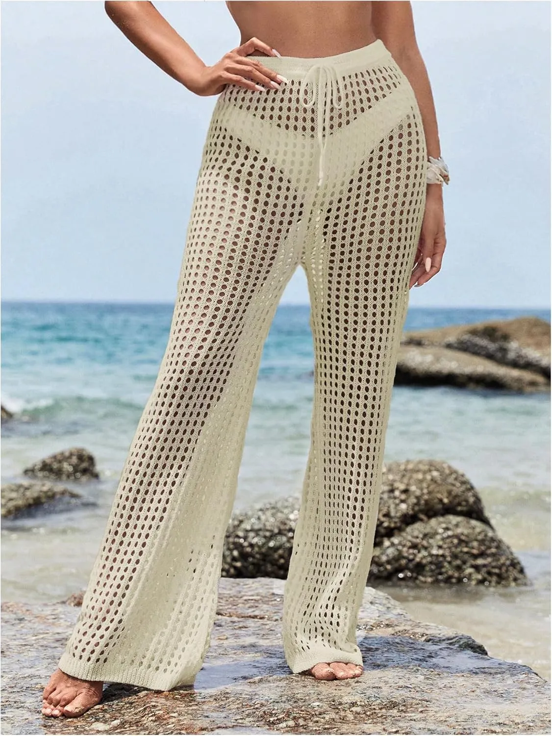 COZYEASE Women's Beach Cover Up Pants Hollow Out Drawstring Elastic High Waist Bathing Suit Cover Up Beach Pants