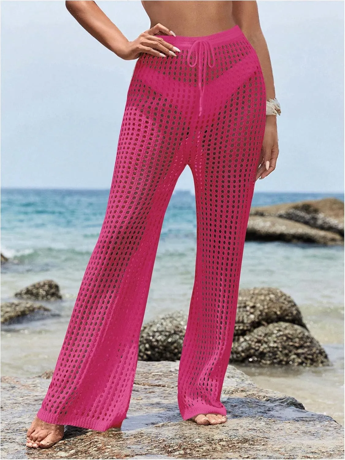 COZYEASE Women's Beach Cover Up Pants Hollow Out Drawstring Elastic High Waist Bathing Suit Cover Up Beach Pants