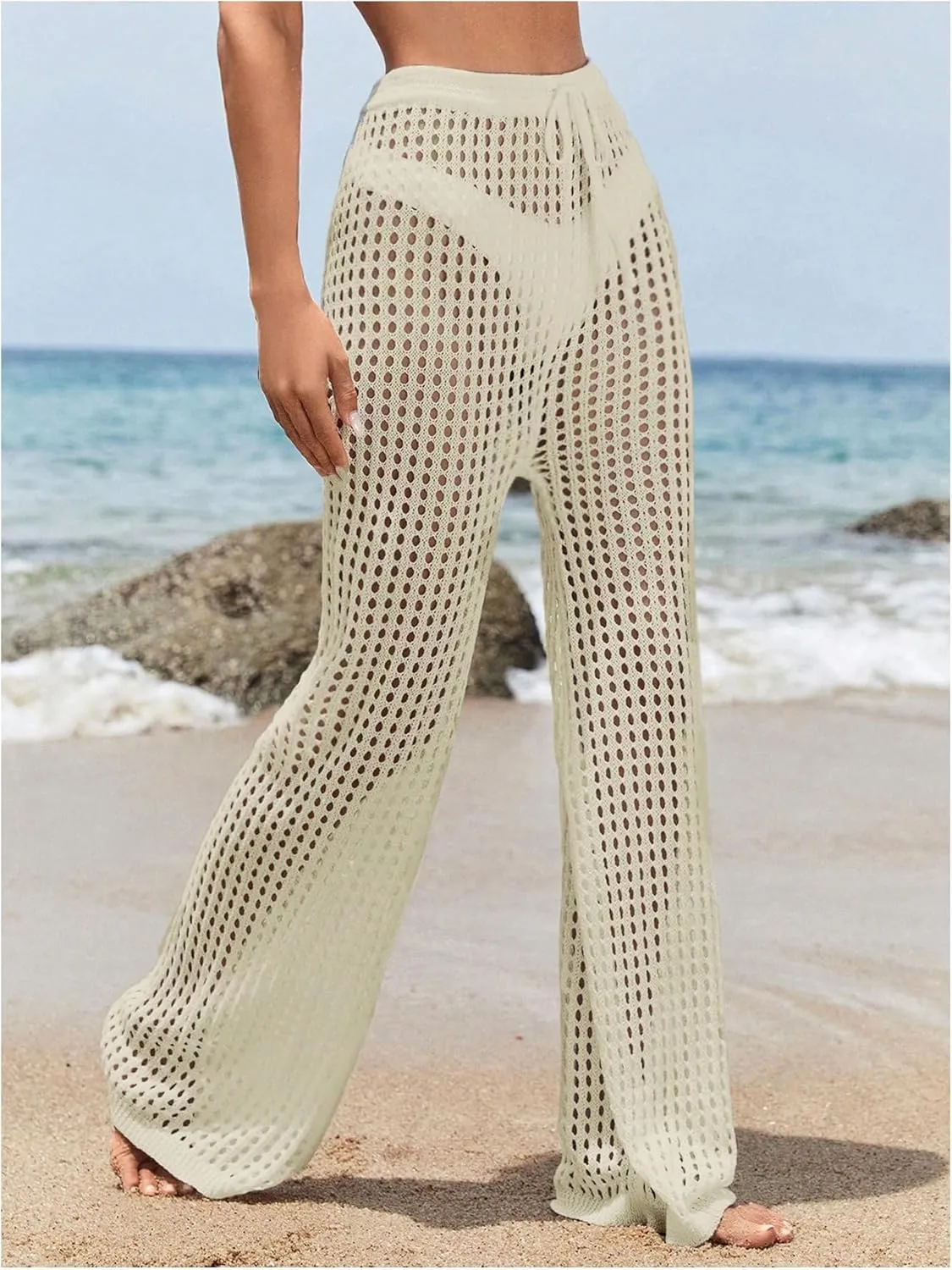 COZYEASE Women's Beach Cover Up Pants Hollow Out Drawstring Elastic High Waist Bathing Suit Cover Up Beach Pants
