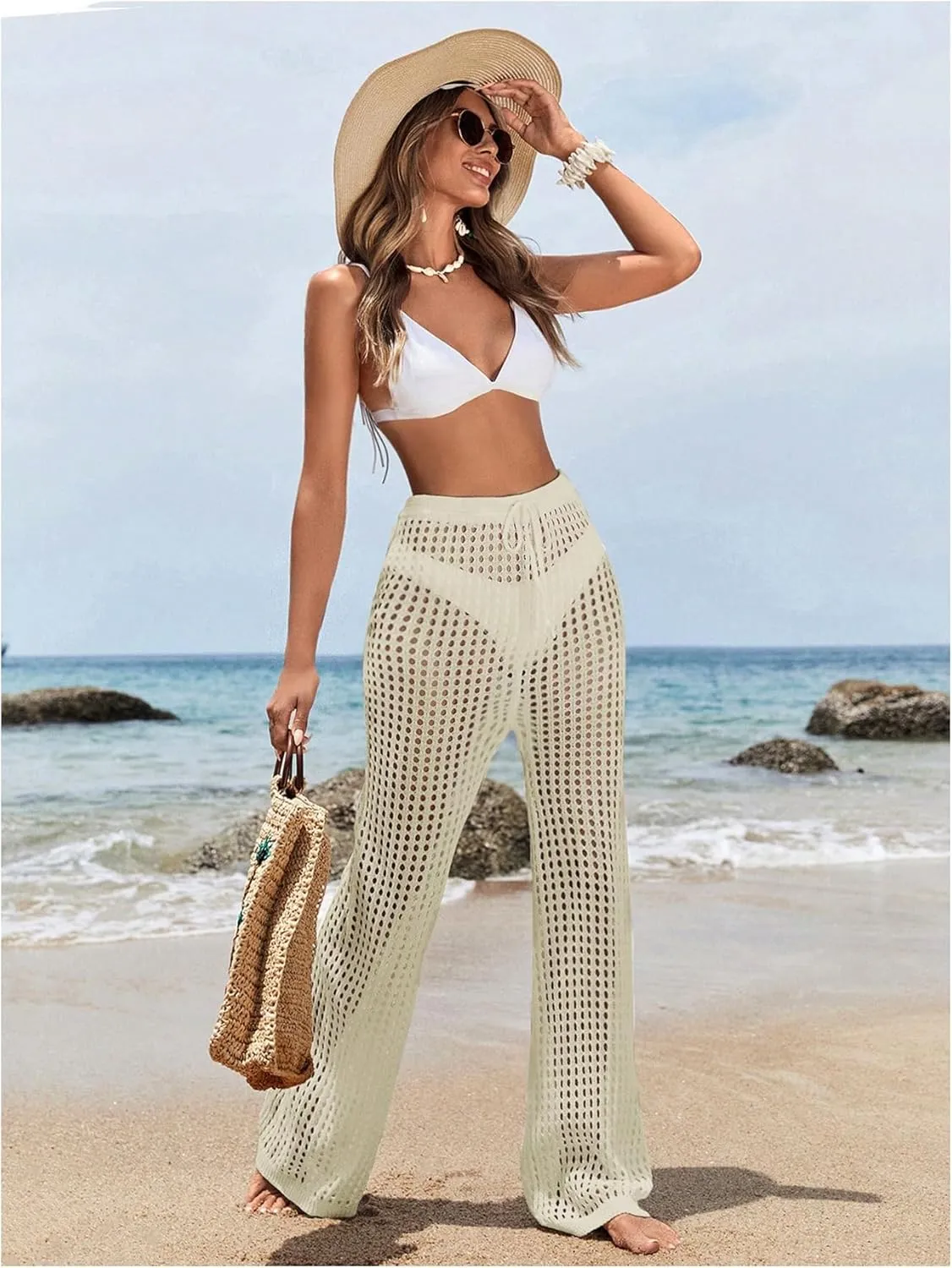 COZYEASE Women's Beach Cover Up Pants Hollow Out Drawstring Elastic High Waist Bathing Suit Cover Up Beach Pants