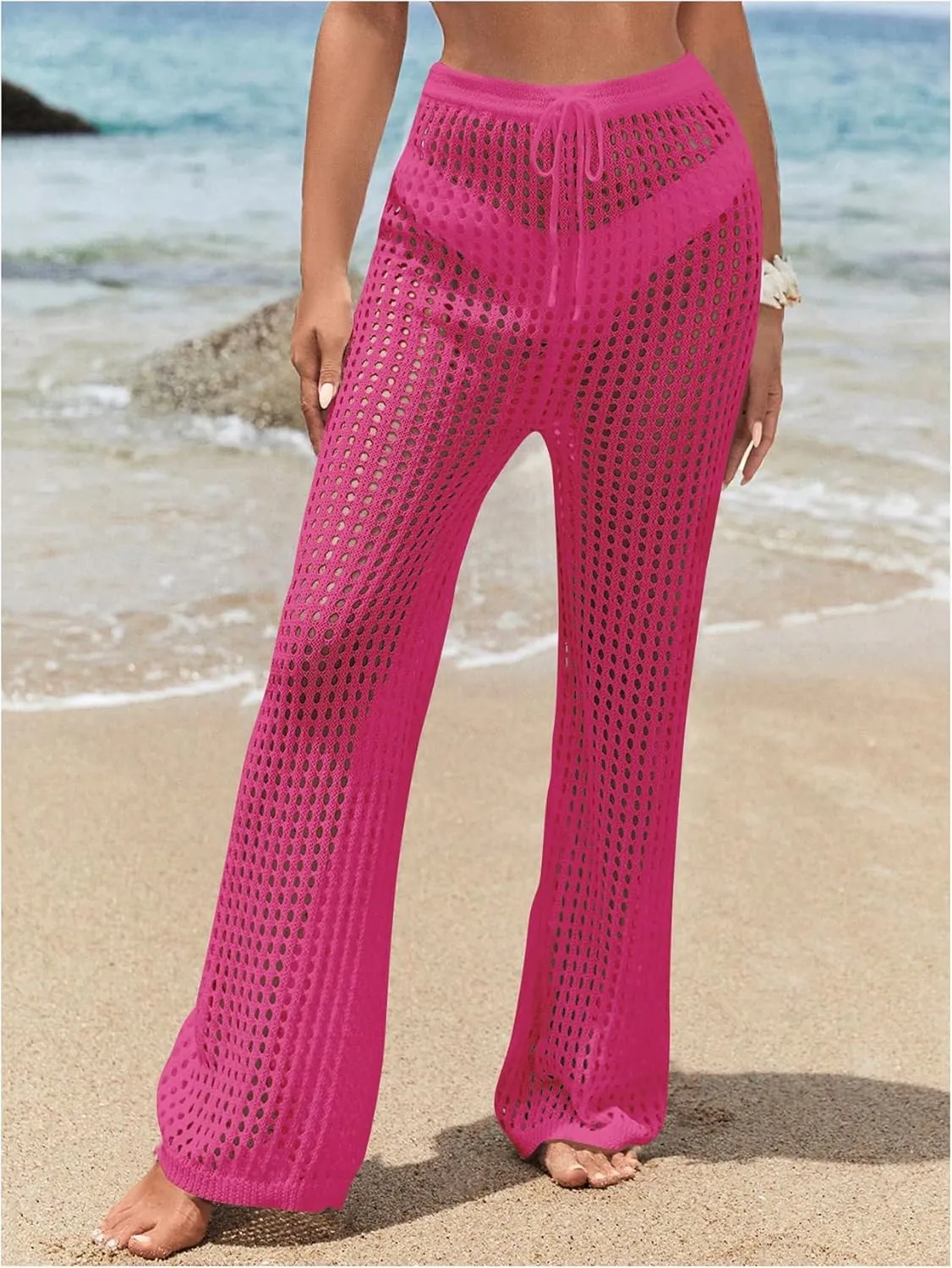 COZYEASE Women's Beach Cover Up Pants Hollow Out Drawstring Elastic High Waist Bathing Suit Cover Up Beach Pants