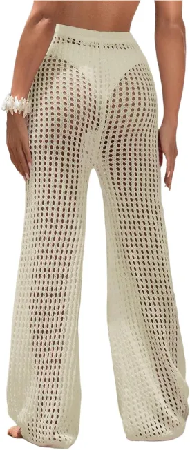 COZYEASE Women's Beach Cover Up Pants Hollow Out Drawstring Elastic High Waist Bathing Suit Cover Up Beach Pants