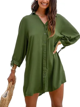 CUPSHE Women Shirt Mini Summer Dress Cover Ups 3/4 Sleeve Cuff Tie Button Down Holiday Sundress Beach Cover Up Dress