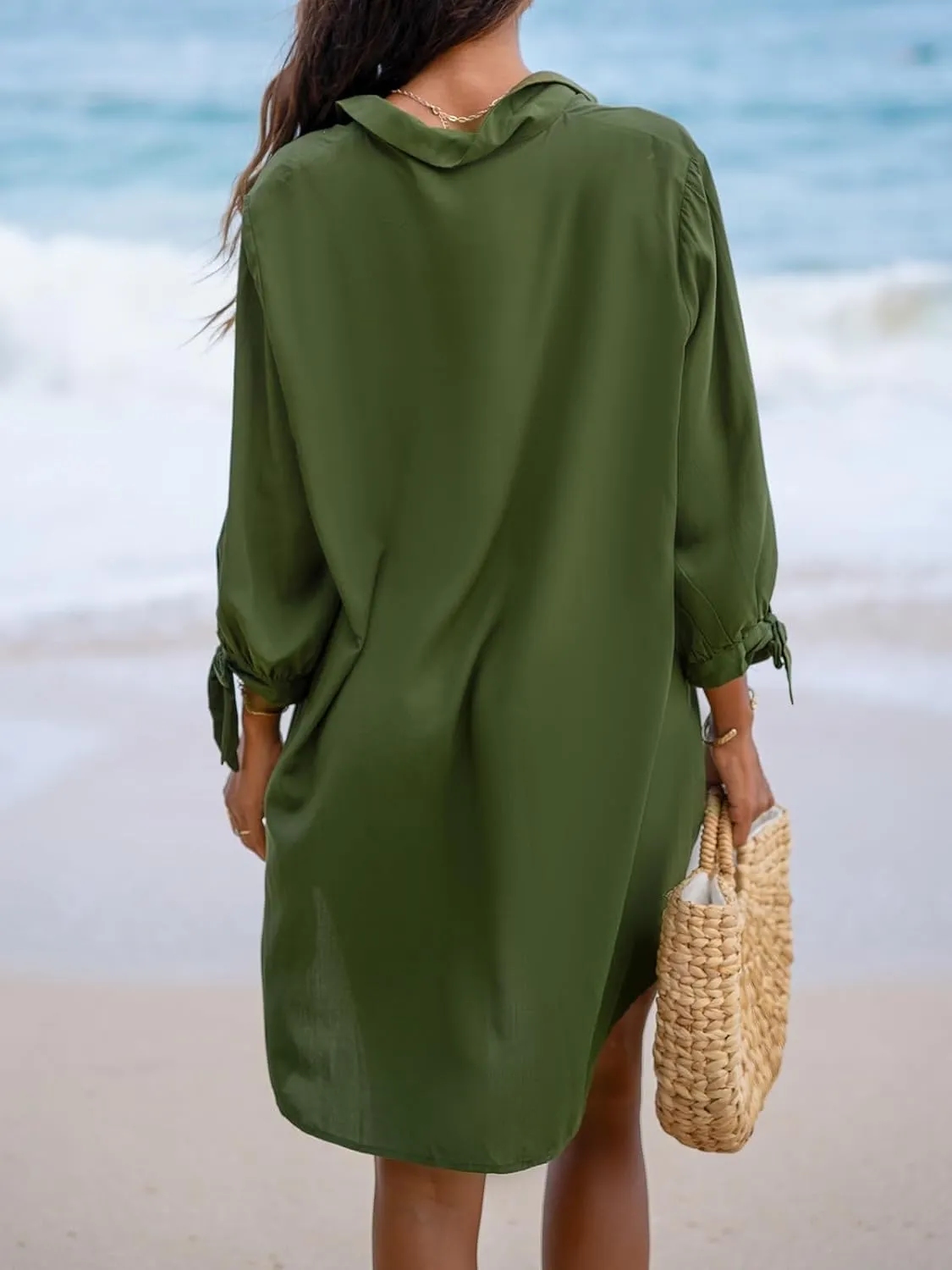 CUPSHE Women Shirt Mini Summer Dress Cover Ups 3/4 Sleeve Cuff Tie Button Down Holiday Sundress Beach Cover Up Dress