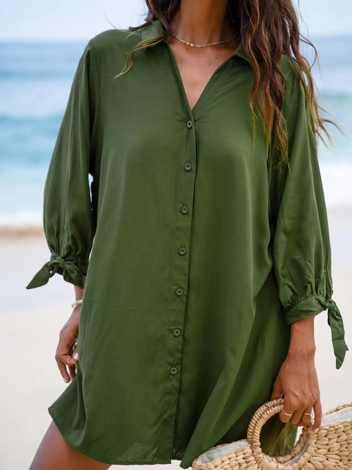 CUPSHE Women Shirt Mini Summer Dress Cover Ups 3/4 Sleeve Cuff Tie Button Down Holiday Sundress Beach Cover Up Dress