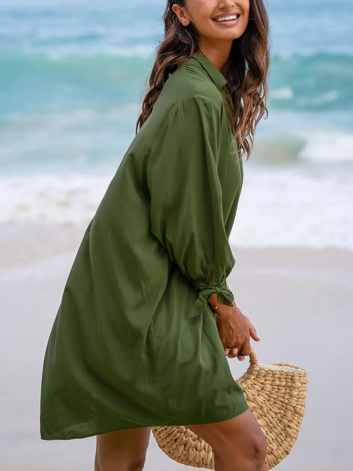CUPSHE Women Shirt Mini Summer Dress Cover Ups 3/4 Sleeve Cuff Tie Button Down Holiday Sundress Beach Cover Up Dress