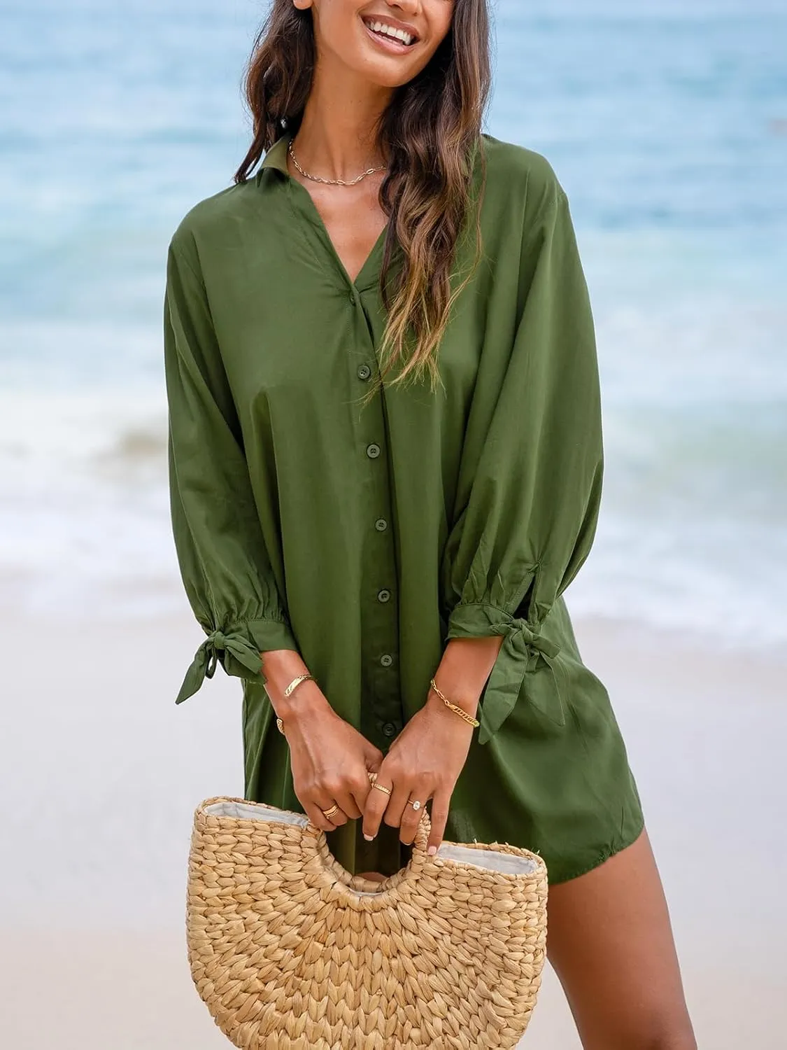 CUPSHE Women Shirt Mini Summer Dress Cover Ups 3/4 Sleeve Cuff Tie Button Down Holiday Sundress Beach Cover Up Dress