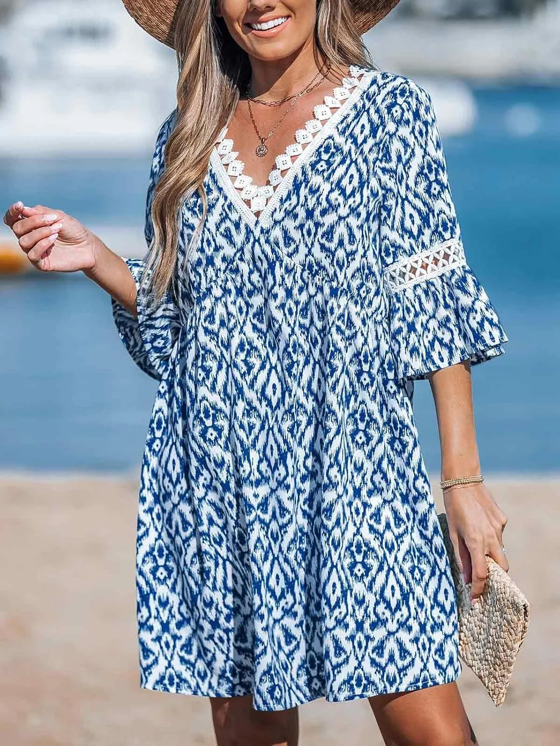 CUPSHE Women V Neck Lace Trim Mini Summer Dress Cover Up 3/4 Sleeve Ruffled Cuff Casual Sundress Beach Dresses Cover Ups