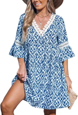 CUPSHE Women V Neck Lace Trim Mini Summer Dress Cover Up 3/4 Sleeve Ruffled Cuff Casual Sundress Beach Dresses Cover Ups