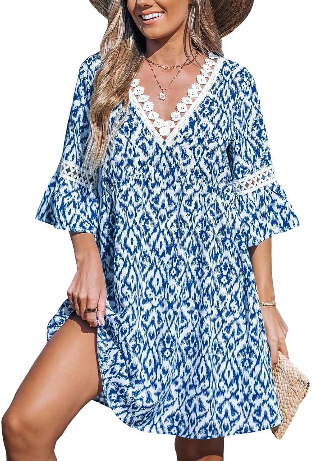 CUPSHE Women V Neck Lace Trim Mini Summer Dress Cover Up 3/4 Sleeve Ruffled Cuff Casual Sundress Beach Dresses Cover Ups