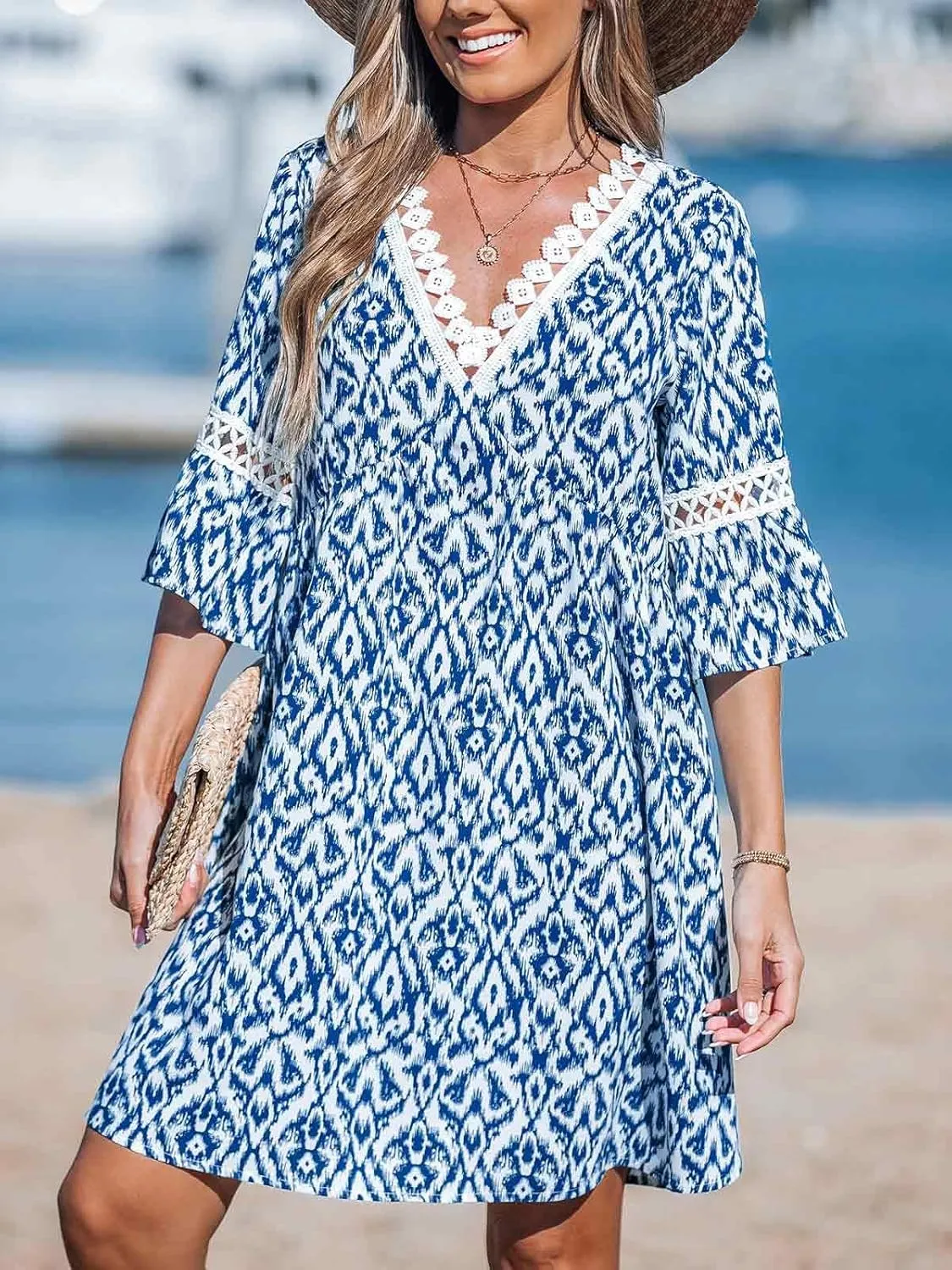 CUPSHE Women V Neck Lace Trim Mini Summer Dress Cover Up 3/4 Sleeve Ruffled Cuff Casual Sundress Beach Dresses Cover Ups