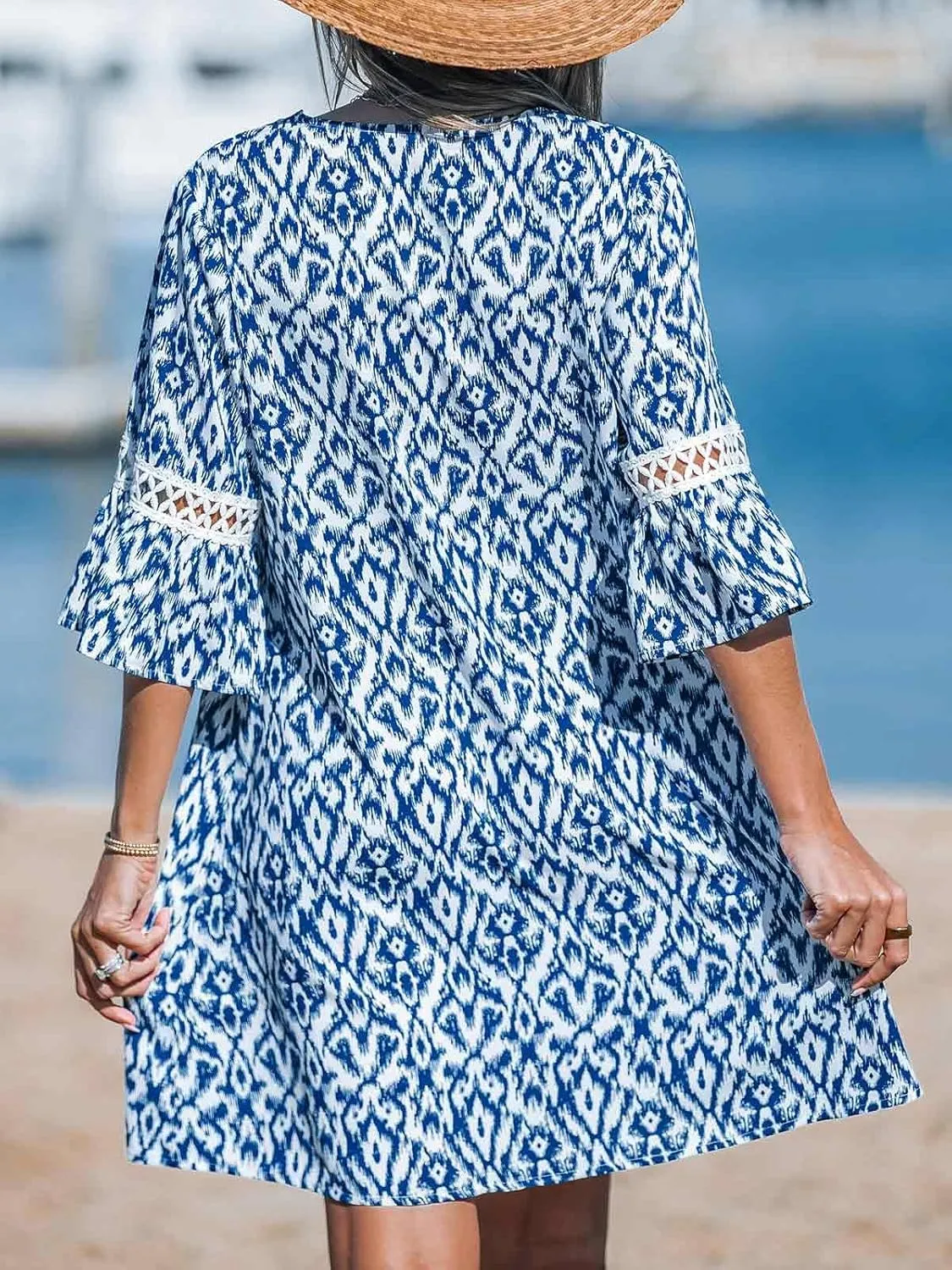 CUPSHE Women V Neck Lace Trim Mini Summer Dress Cover Up 3/4 Sleeve Ruffled Cuff Casual Sundress Beach Dresses Cover Ups