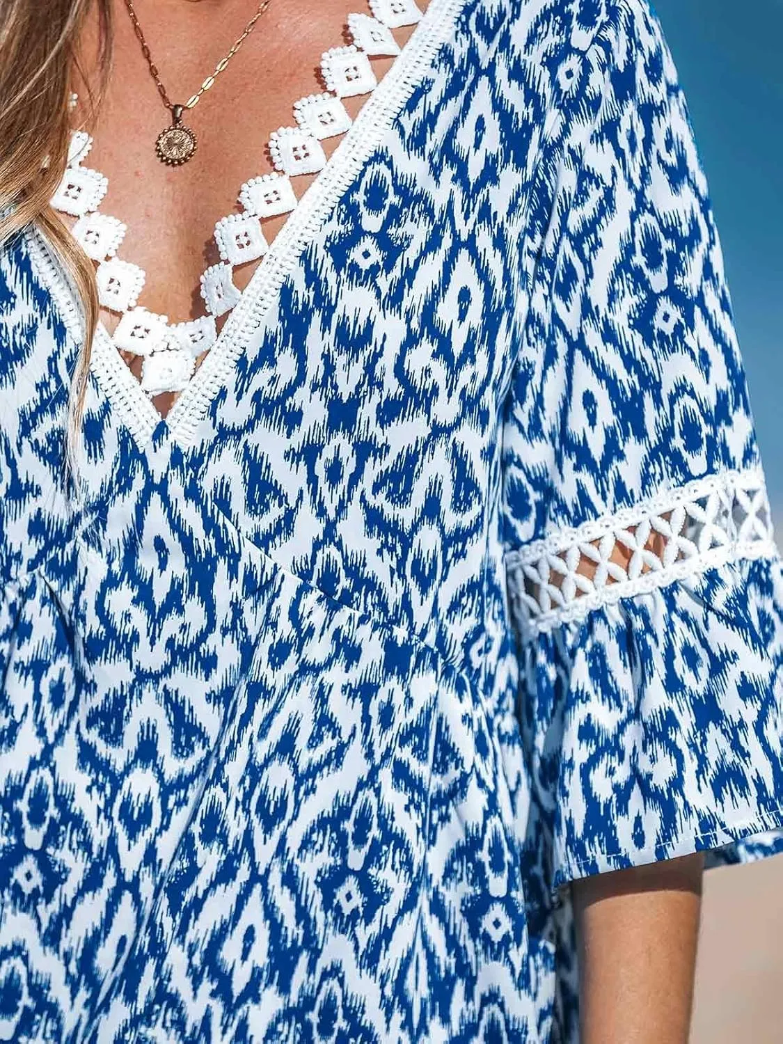 CUPSHE Women V Neck Lace Trim Mini Summer Dress Cover Up 3/4 Sleeve Ruffled Cuff Casual Sundress Beach Dresses Cover Ups