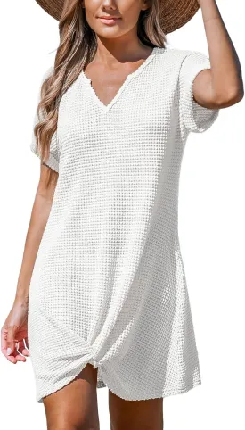 CUPSHE Women Waffle Knit Bathing Suit Cover Up Short Sleeve Twist Hem Swimsuit Coverup for Summer Vacation