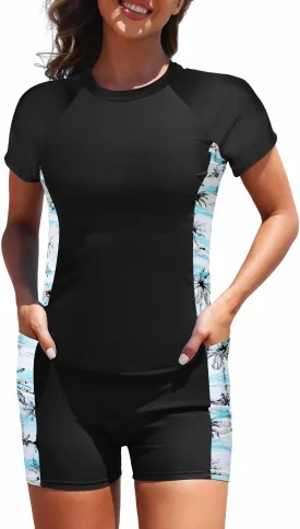 Daci Women's Two Piece Rash Guard - Short Sleeve Swim Shirt with Built-in Bra and Shorts with Pockets