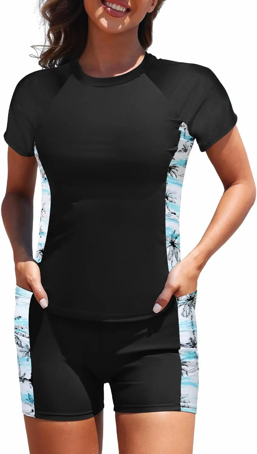 Daci Women's Two Piece Rash Guard - Short Sleeve Swim Shirt with Built-in Bra and Shorts with Pockets