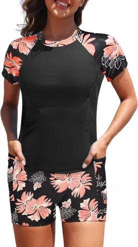 Daci Women's Two Piece Rash Guard - Short Sleeve Swim Shirt with Built-in Bra and Shorts with Pockets