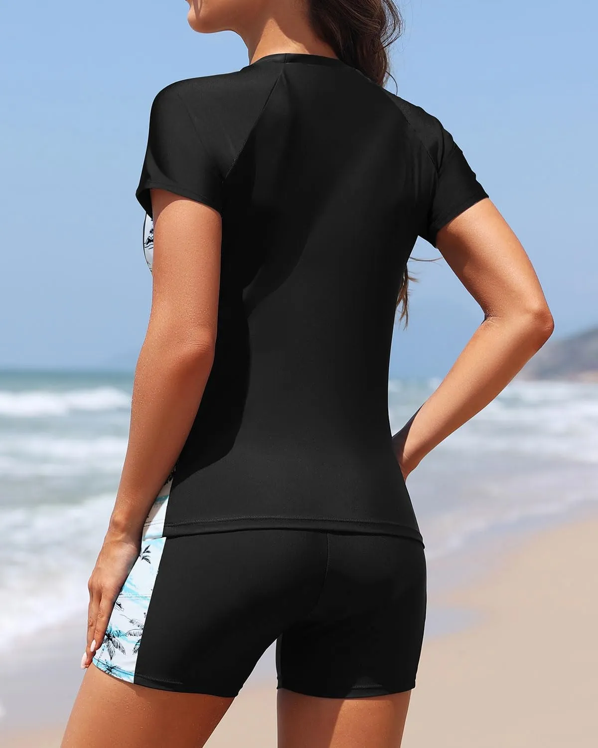 Daci Women's Two Piece Rash Guard - Short Sleeve Swim Shirt with Built-in Bra and Shorts with Pockets