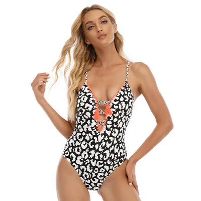Deep V Double Shoulder Open Back Swimsuit