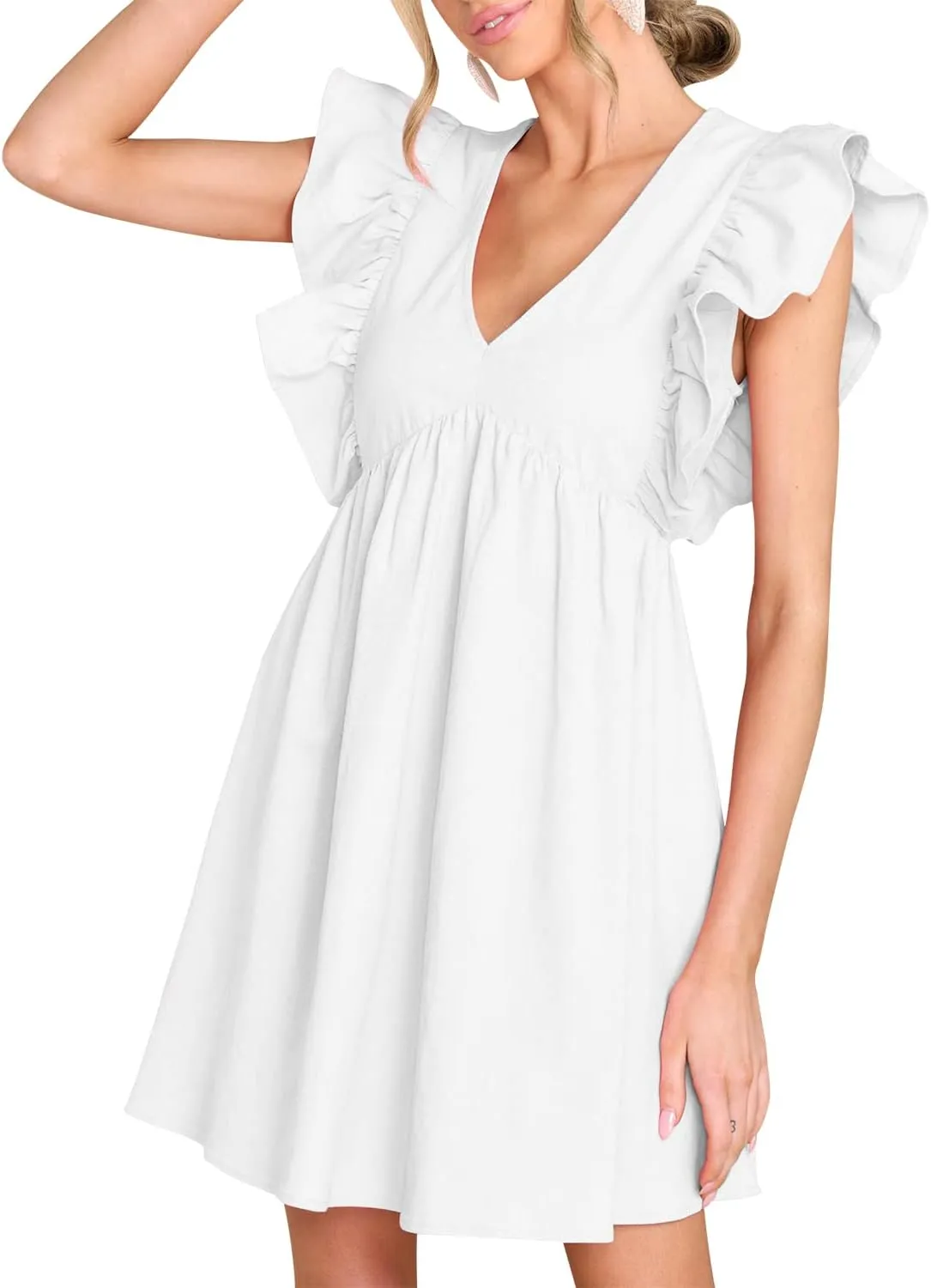 FANCYINN Women's Summer Casual Babydoll Mini Dress Ruffle Sleeveless Deep V Neck High Waist Swing Tunic Dress with Pockets