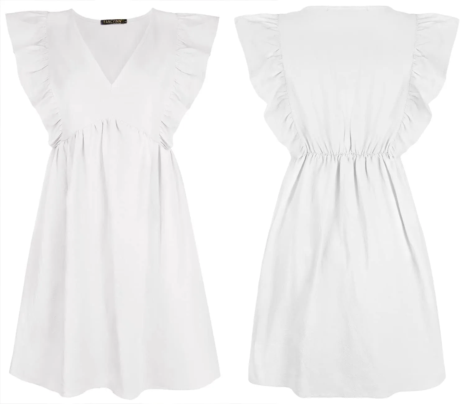 FANCYINN Women's Summer Casual Babydoll Mini Dress Ruffle Sleeveless Deep V Neck High Waist Swing Tunic Dress with Pockets