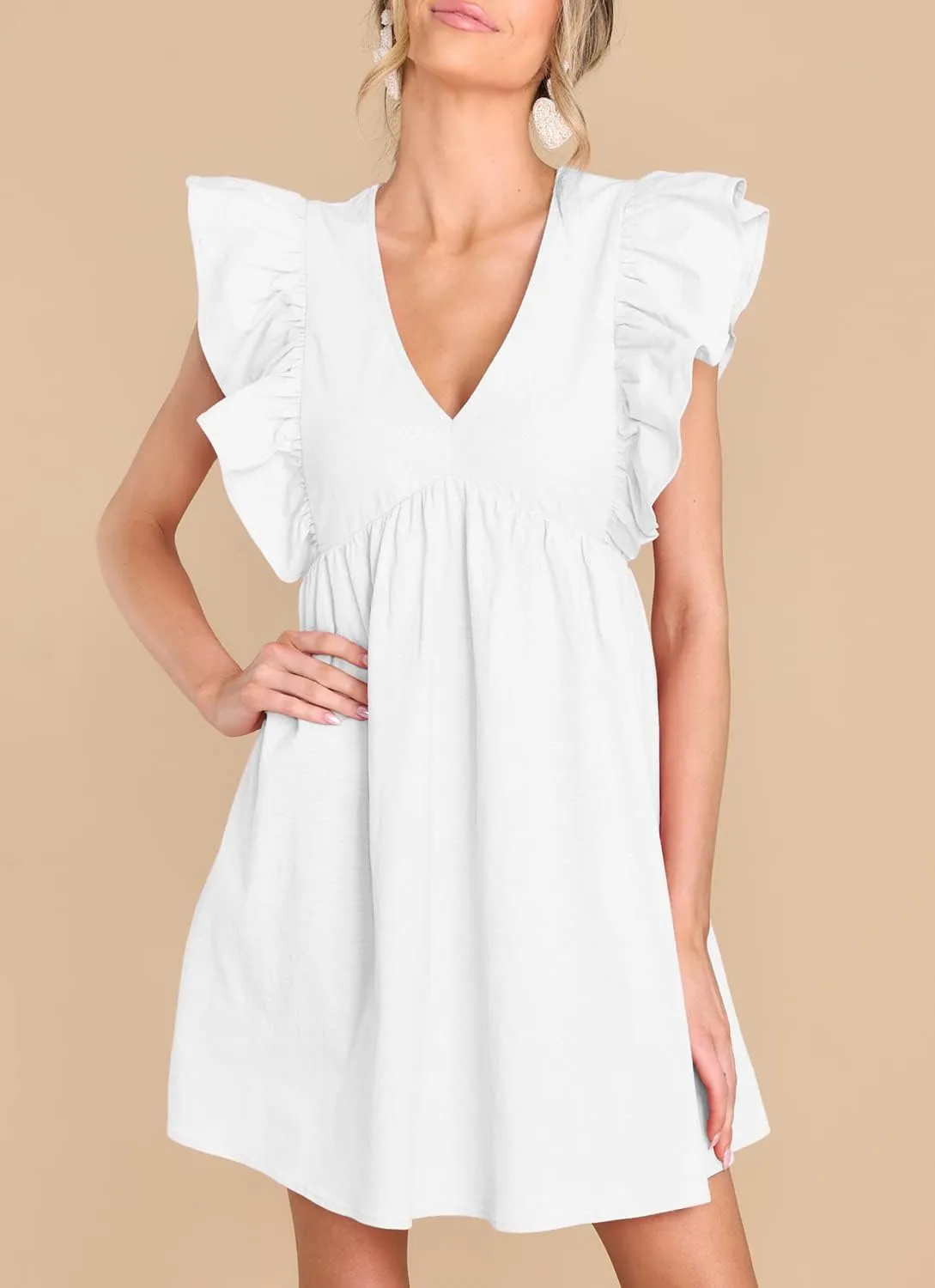 FANCYINN Women's Summer Casual Babydoll Mini Dress Ruffle Sleeveless Deep V Neck High Waist Swing Tunic Dress with Pockets