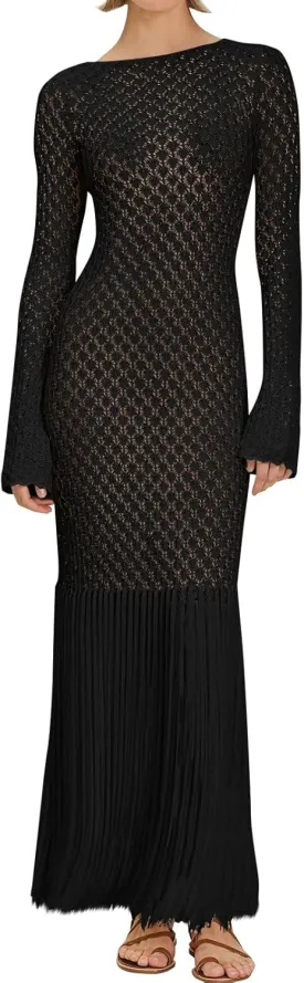 Fisoew Women's Swimsuit Crochet Cover Ups Summer Long Sleeve Tie Back Fringe Hem Beach Vacation Coverup Maxi Dress