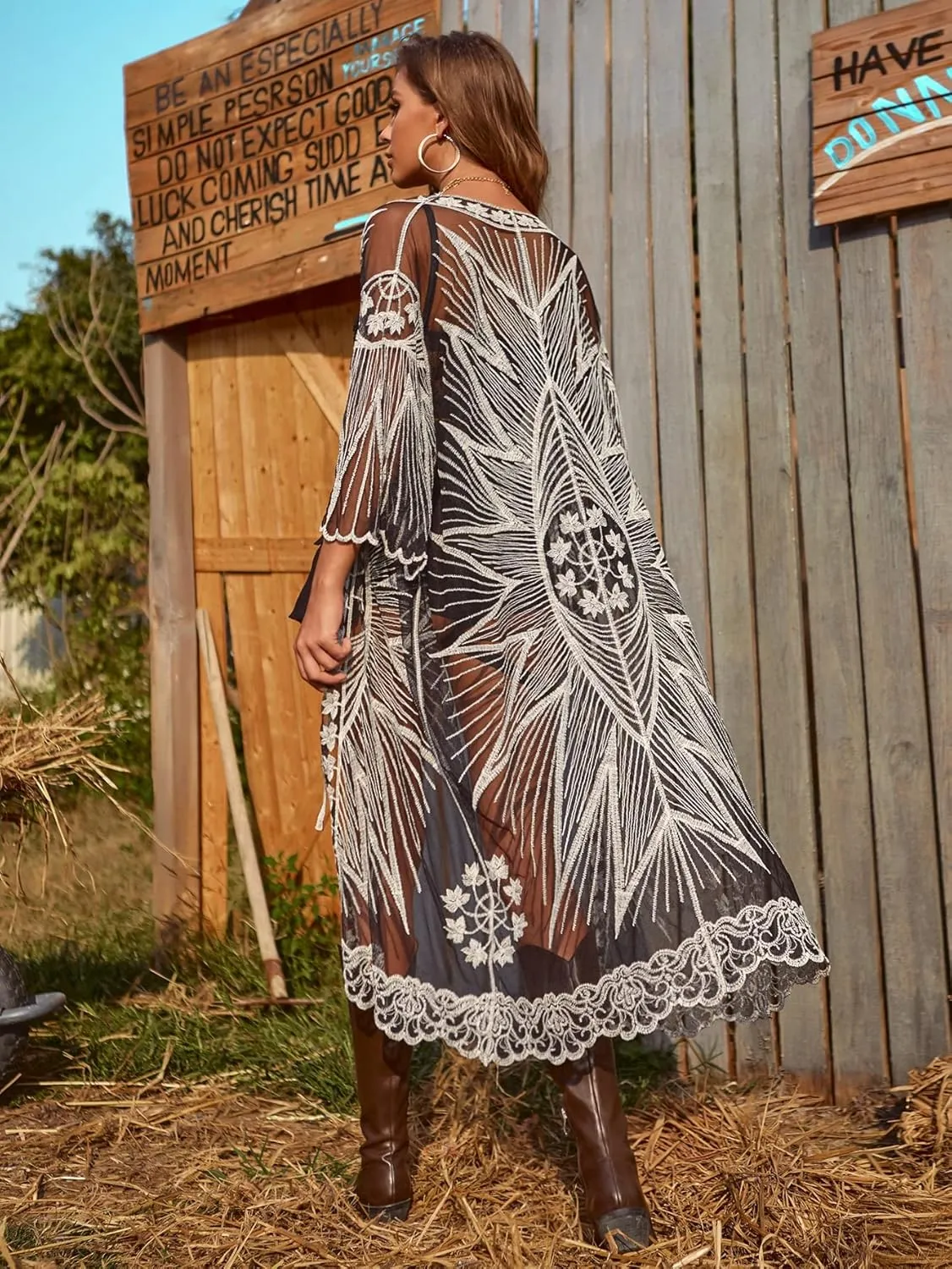 Floerns Women's Embroidery Sheer Mesh 3/4 Sleeve Swimwear Long Kimono Cardigan