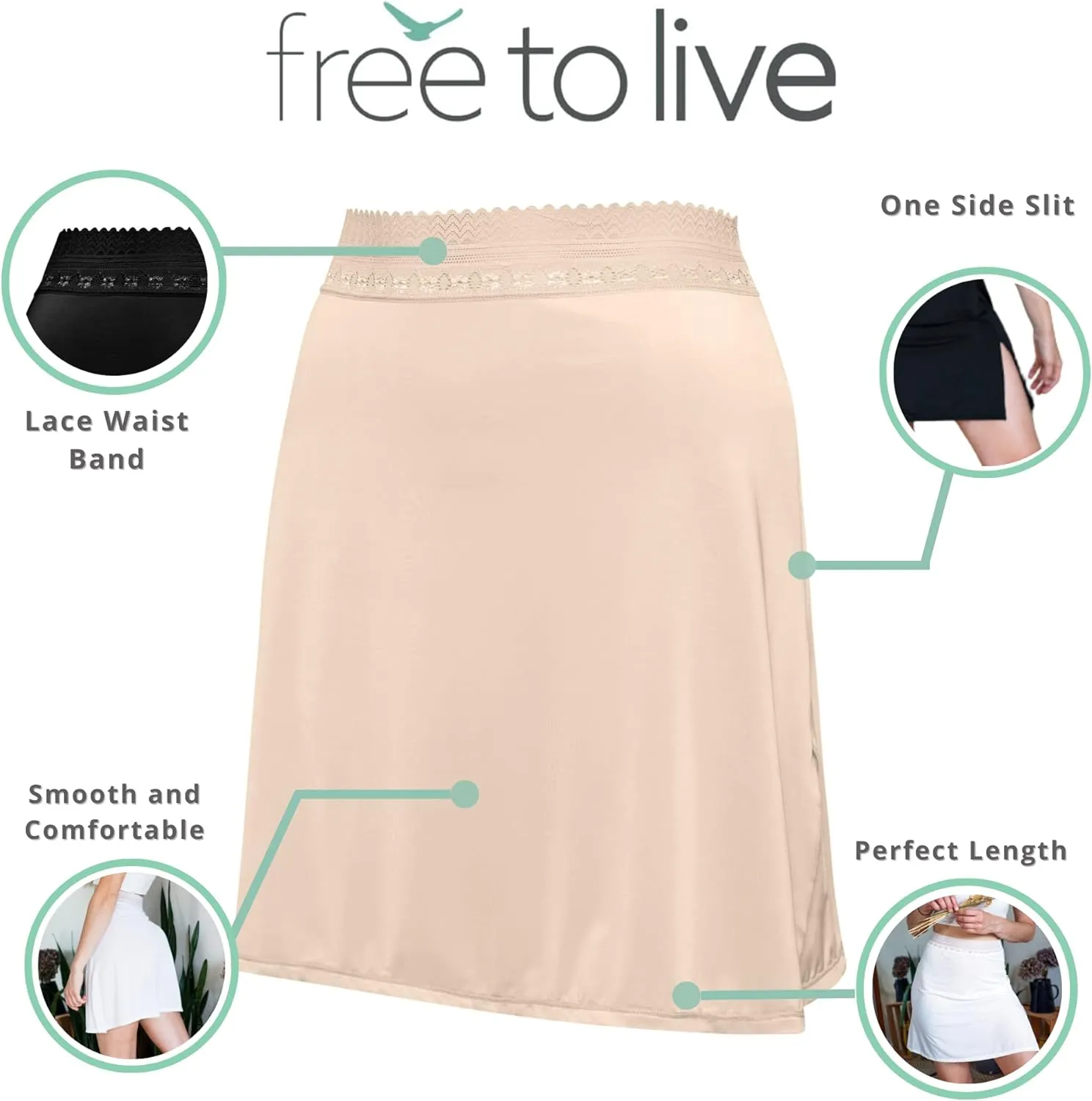Free to Live 3-Pack Women's Half Slip Underskirt for Women, Above the Knee Length - Lace Trim Waist Under Dress