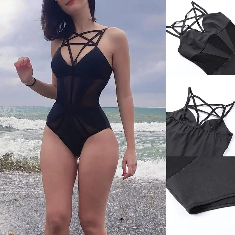 Gothic Pentagram One Piece, Backless Swimsuit For Women
