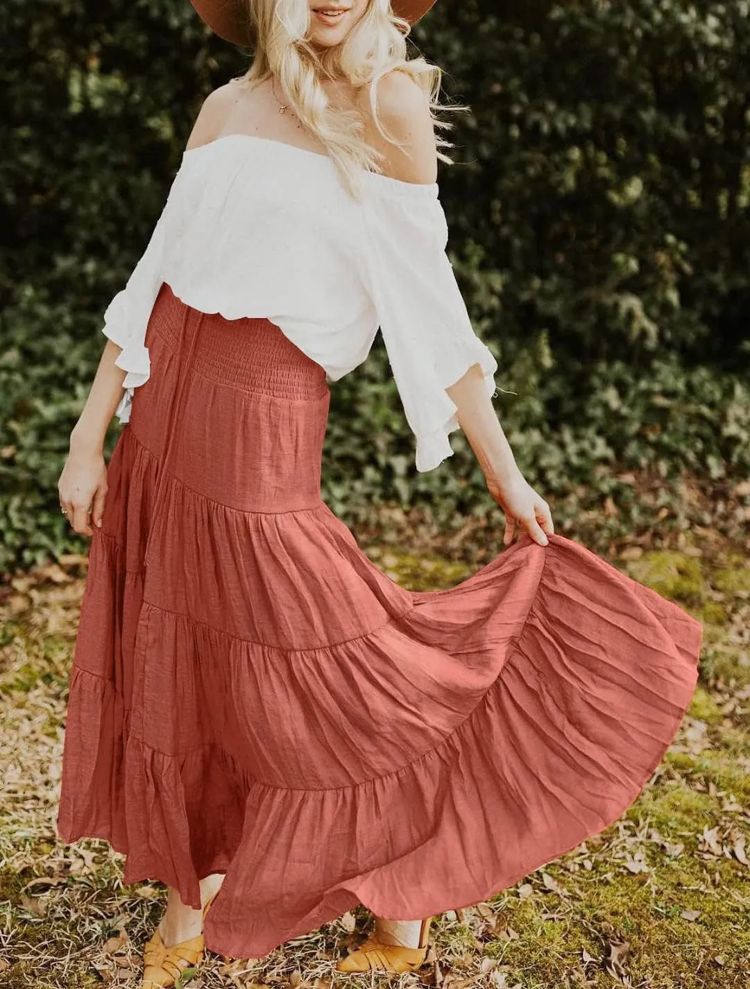 HAEOF Women's Summer Flowy Boho Maxi Skirt Trendy Smocked Waist Ruffle Tiered A Line Casual Beach Long Skirts Midi Dress
