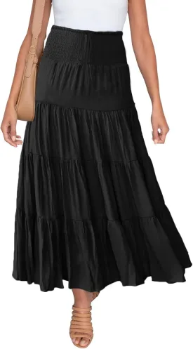 HAEOF Women's Summer Flowy Boho Maxi Skirt Trendy Smocked Waist Ruffle Tiered A Line Casual Beach Long Skirts Midi Dress