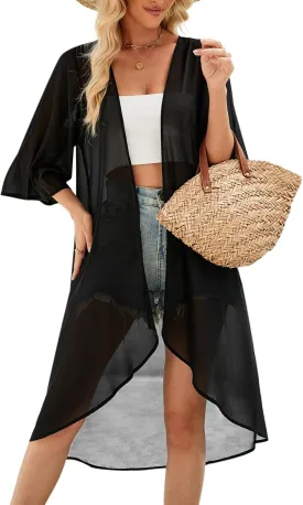 Hibluco Women's Long Floral Kimono Printed Cardigan Sheer Swimsuit Cover Ups