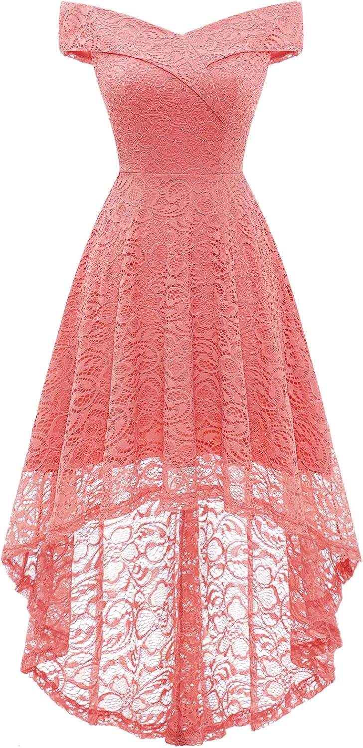 HomRain Women's Elegant Floral Lace Dress Off The Shoulder High Low Hem Dresses for Wedding for Cocktail for Party
