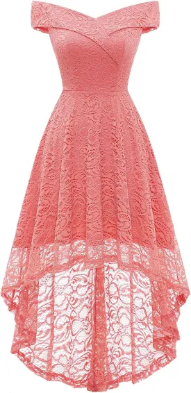 HomRain Women's Elegant Floral Lace Dress Off The Shoulder High Low Hem Dresses for Wedding for Cocktail for Party