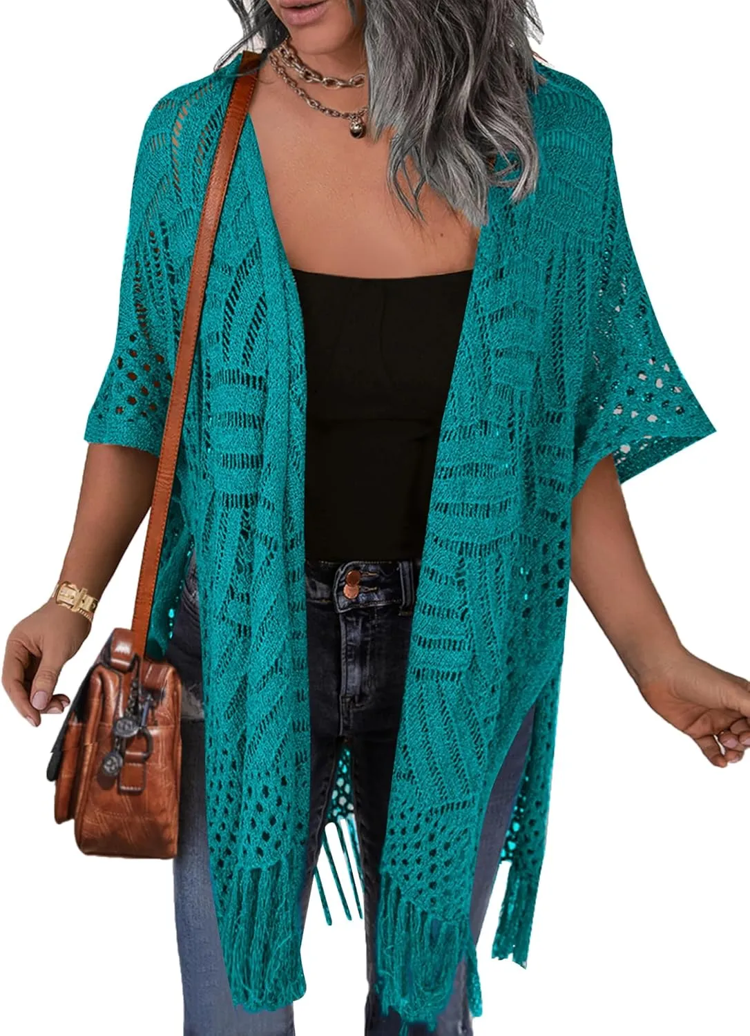 HOTOUCH Womens Knit Cardigan Open Front Outwear Hollow Out Crochet Tassel Lightweight Kimonos Sweater S-XXL