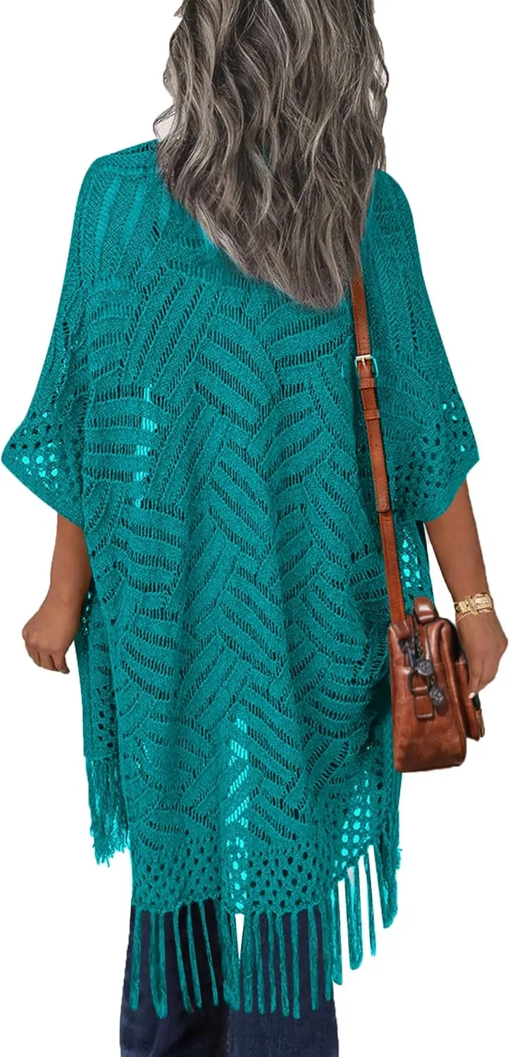 HOTOUCH Womens Knit Cardigan Open Front Outwear Hollow Out Crochet Tassel Lightweight Kimonos Sweater S-XXL