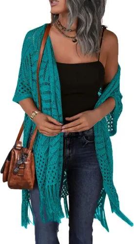 HOTOUCH Womens Knit Cardigan Open Front Outwear Hollow Out Crochet Tassel Lightweight Kimonos Sweater S-XXL