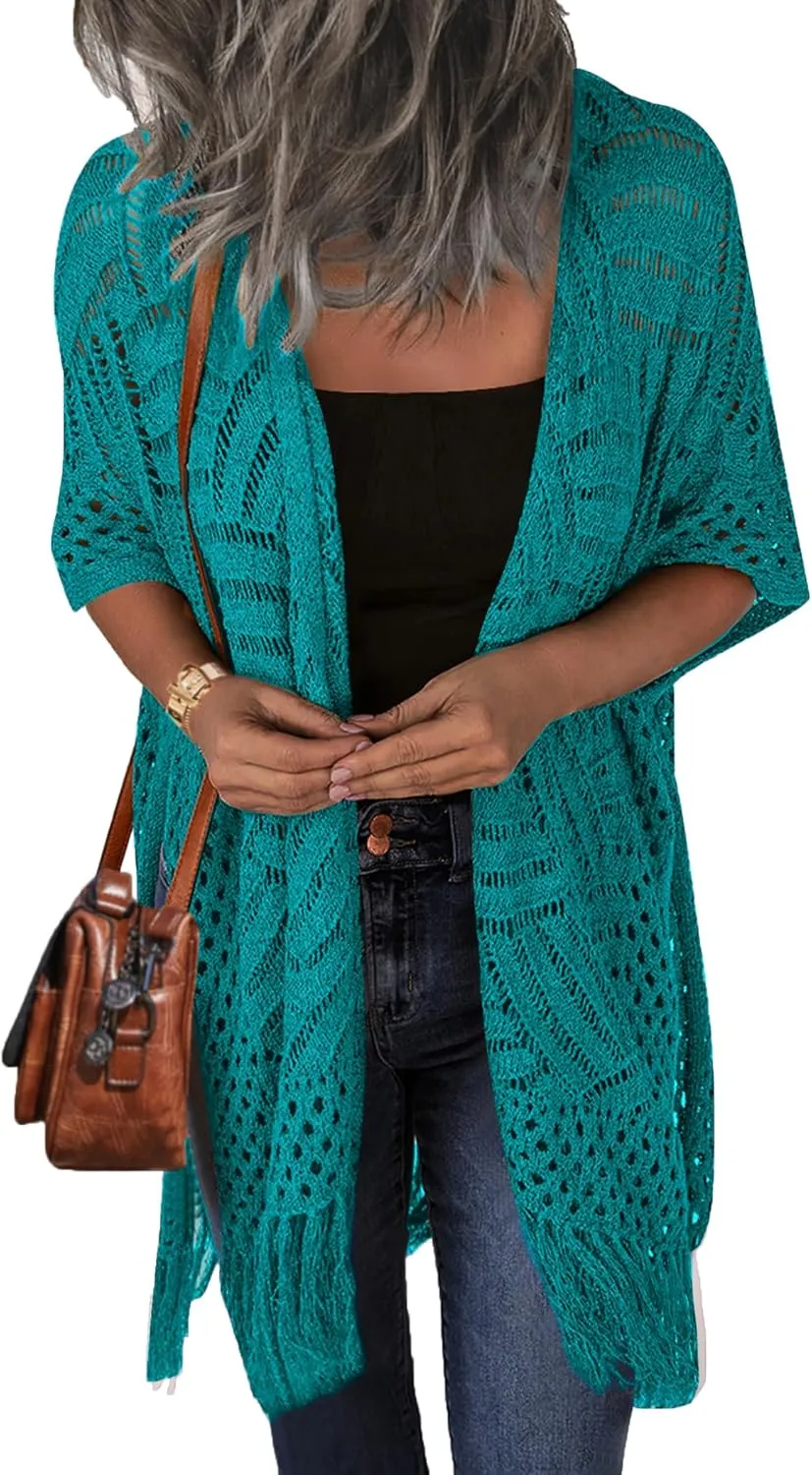 HOTOUCH Womens Knit Cardigan Open Front Outwear Hollow Out Crochet Tassel Lightweight Kimonos Sweater S-XXL